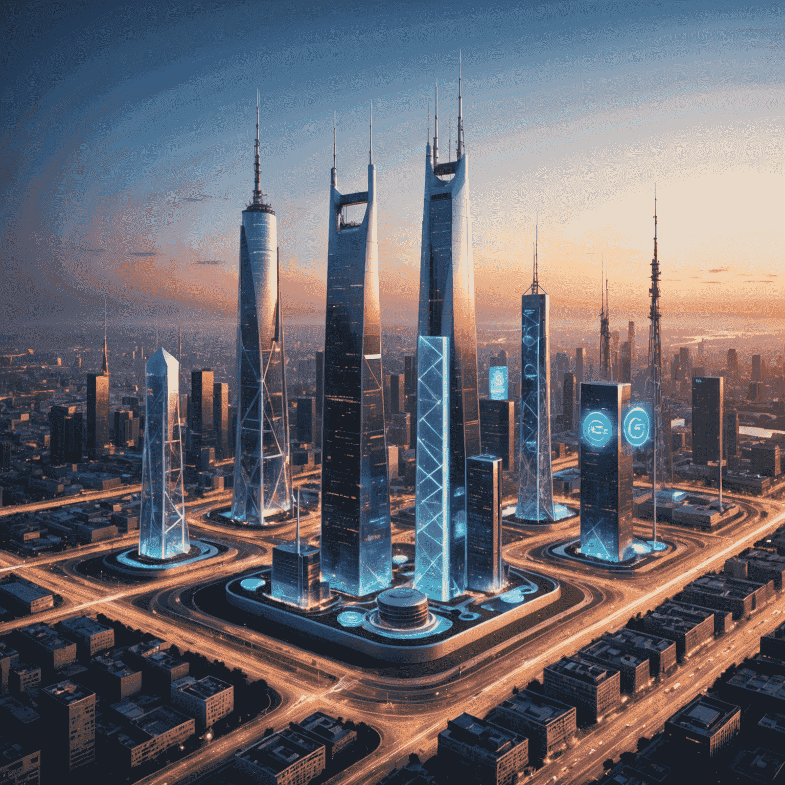 صورة توضيحية لتقنية الجيل الخامس 5G تظهر أبراج اتصالات متطورة وأجهزة ذكية متصلة