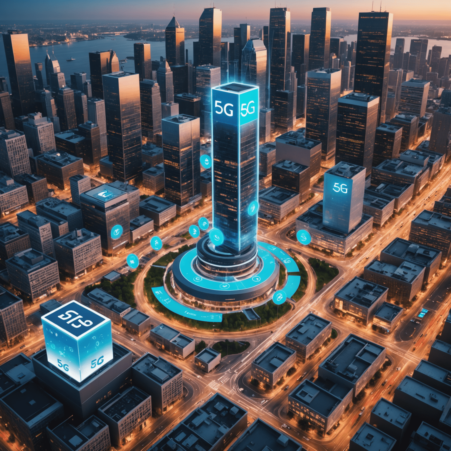 رسم توضيحي يظهر تطبيقات متنوعة لتقنية 5G في المدن الذكية والرعاية الصحية والترفيه